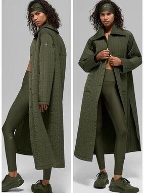 ALO YOGA Quilted Skyline Long Coat in Green Olive SZ XS/S